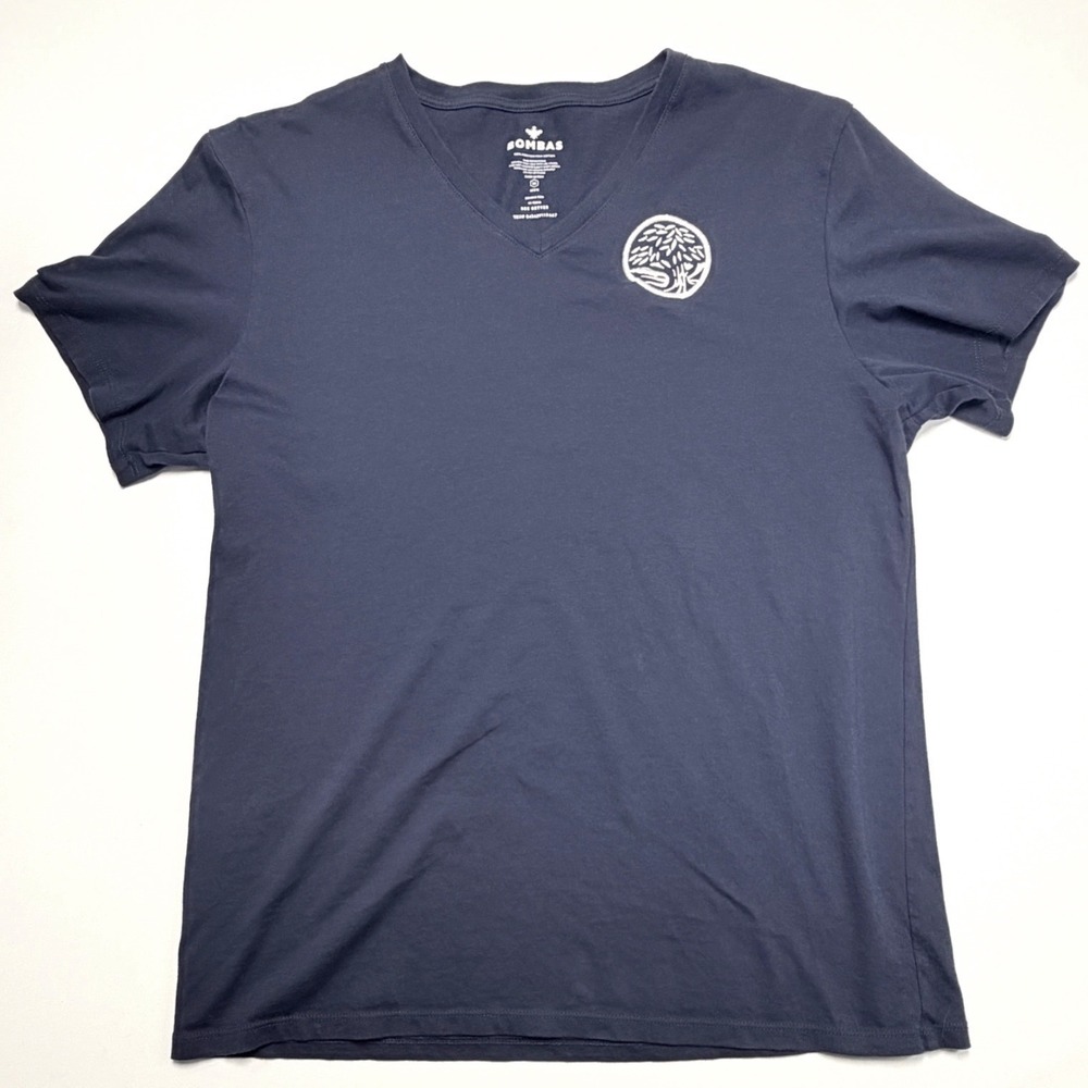Bombas Mens V Neck T Shirt Medium Navy Blue Pima Cotton Embroidered Tree Logo